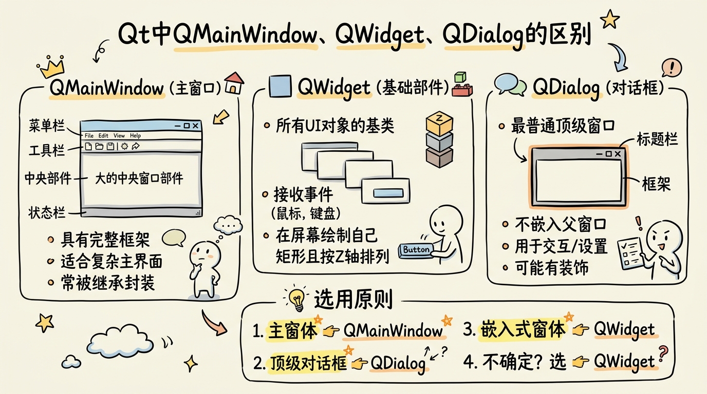 Qt中QMainWindow、QWidget、QDialog的区别
