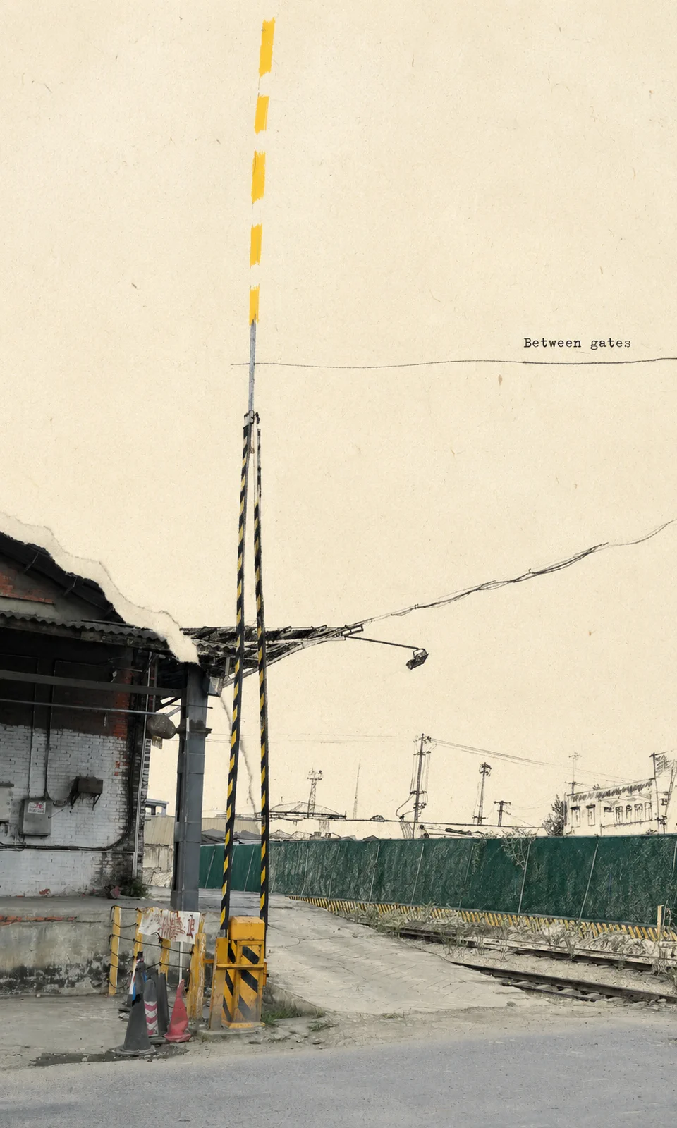 城市铁路道口与旧建筑的撕纸影像拼贴海报